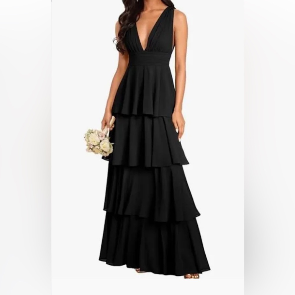 Women's Black Tiered V-Neck Dress